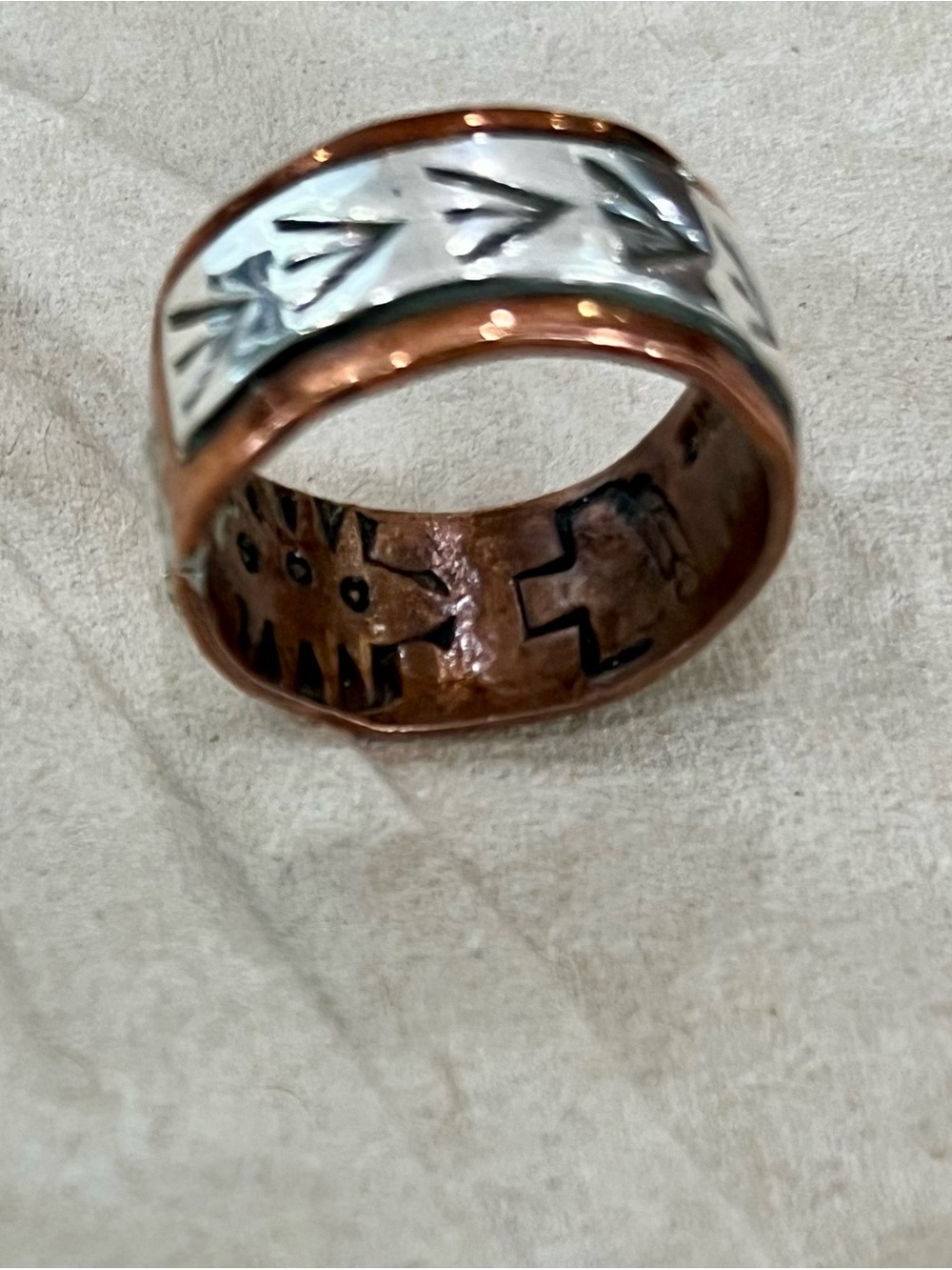Navaho Hand-crafted Copper & Sterling Silver Ring, signed, size 6
